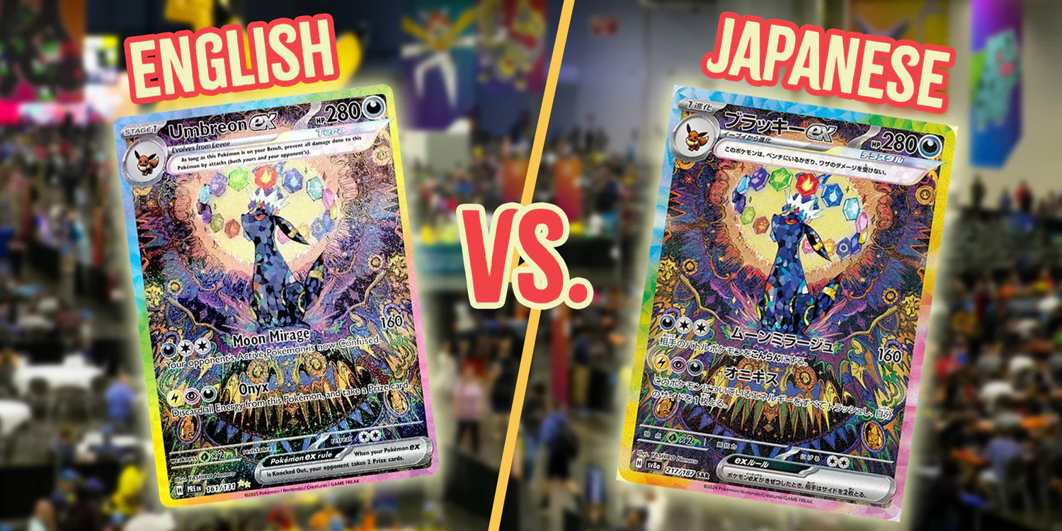 English Umbreon ex on the left and Japanese Umbreon ex on the right, showing the same illustrated Pokémon with different language text
